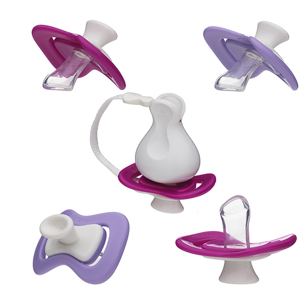 iiamo string soother and soother protection as a set (in pink and purple)