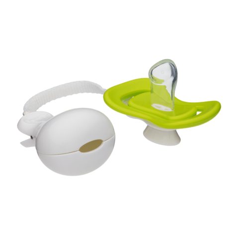 iiamo soother in green with soother protection and soother holder