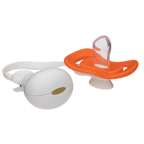 iiamo soother in orange displayed with soother protection and soother holder